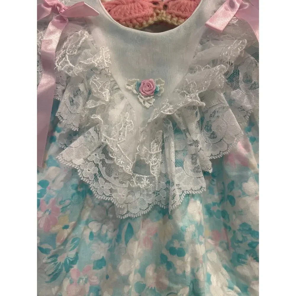 Vintage 80s Rare Editions Lace Dress 9M ILGWU Made in USA Pastel Ribbon